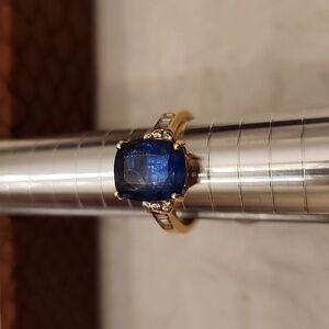 Size 7 sapphire and diamond simulant ring, gold tone over 925 silver
